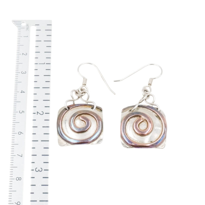 Sterling Silver Brass Spiral Square Dangle Earrings Artisan Mixed Metal 1.5 Inch