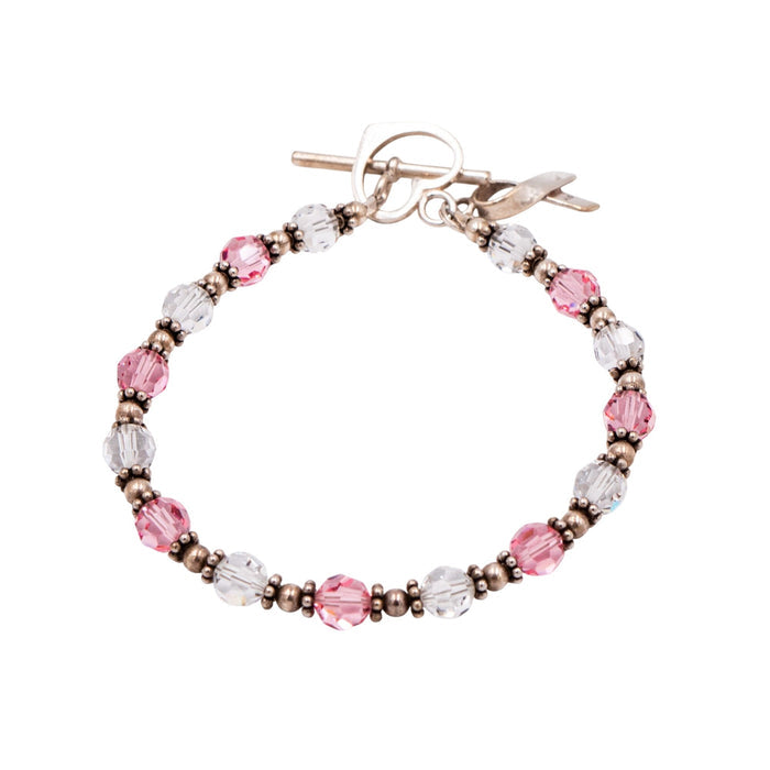 Sterling Silver Breast Cancer Awareness Pink Crystal Beaded Bracelet 7.5 Inch