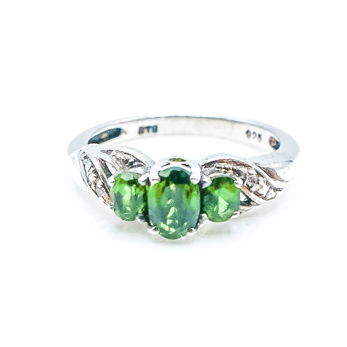 Sterling Silver Emerald Three-Stone Diamond Accent Ring Size 5.25