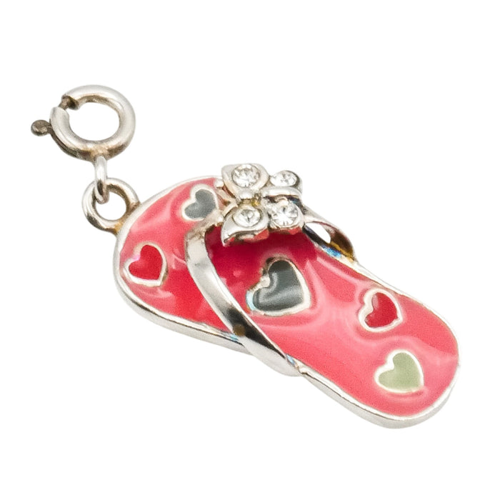 Sterling Silver Enamel Flip Flop Charm with Hearts | Summer Beach Charm Pendant