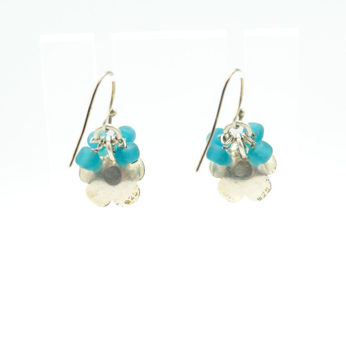 Sterling Silver Flower Earrings With Blue Frosted Glass Beads