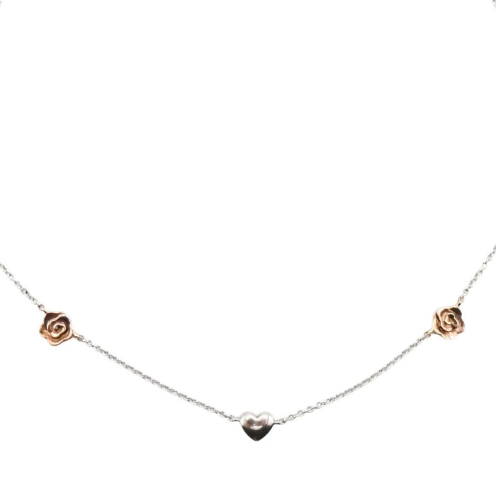 Sterling Silver Hearts and Roses Necklace Adjustable 16.5 to 18.5 Inches