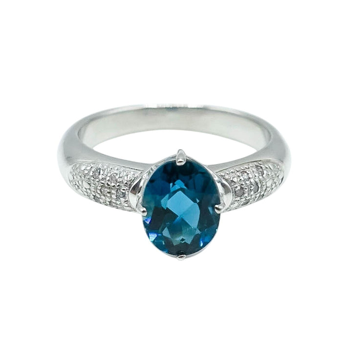 Sterling Silver London Blue Topaz & Diamond Solitaire Engagement December Birthday Ring Size 6.75