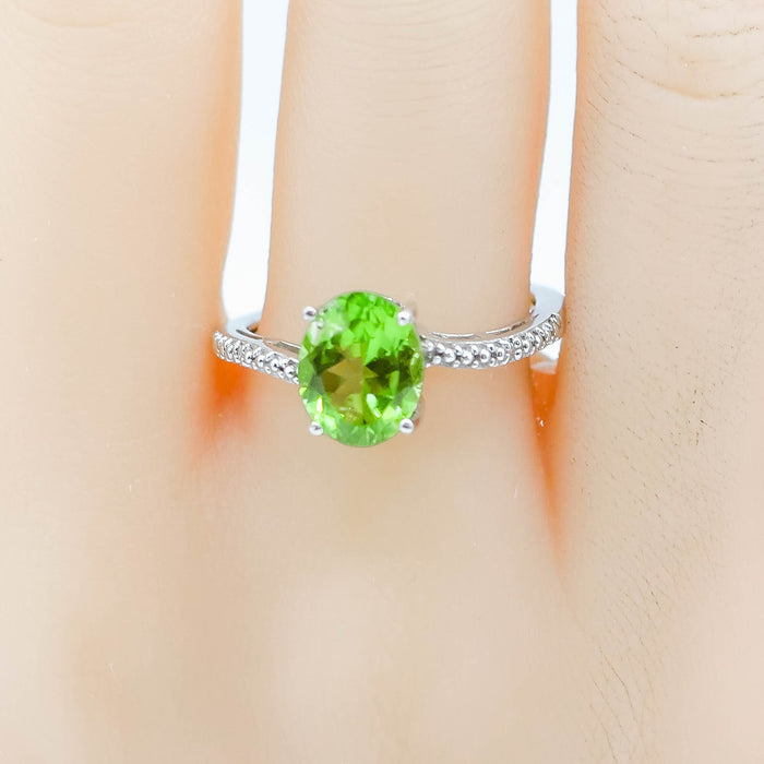 Sterling Silver Peridot Solitaire Ring Size 9.5 With Diamond Accents