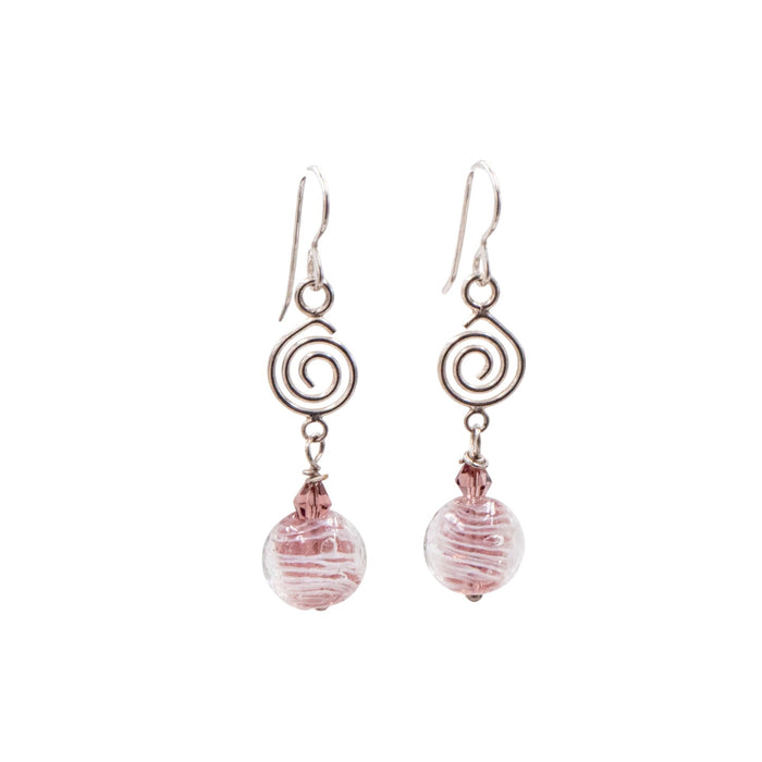 Sterling Silver Pink Murano Glass Dangle Earrings 2 Inch Spiral Drop Earrings