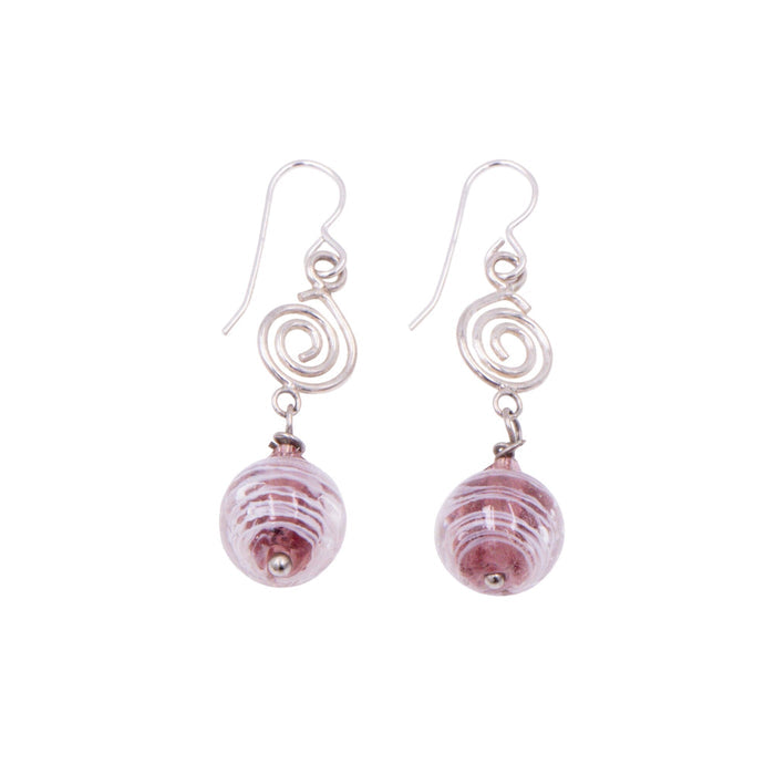 Sterling Silver Pink Murano Glass Dangle Earrings 2 Inch Spiral Drop Earrings