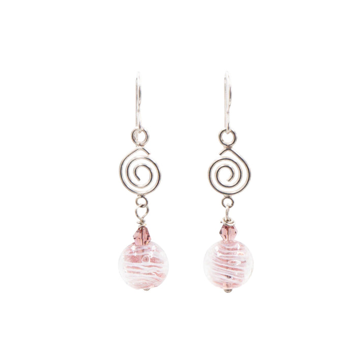 Sterling Silver Pink Murano Glass Dangle Earrings 2 Inch Spiral Drop Earrings