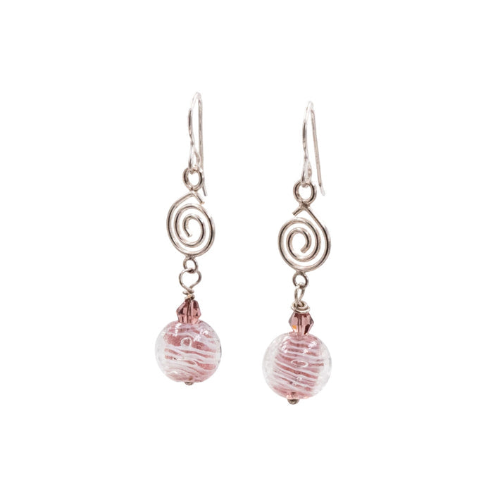 Sterling Silver Pink Murano Glass Dangle Earrings 2 Inch Spiral Drop Earrings