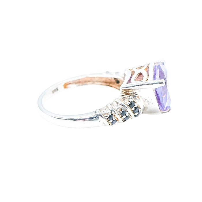 Sterling Silver Purple Triangular Cubic Zirconia & Black Tourmaline Stone Ring Size 8
