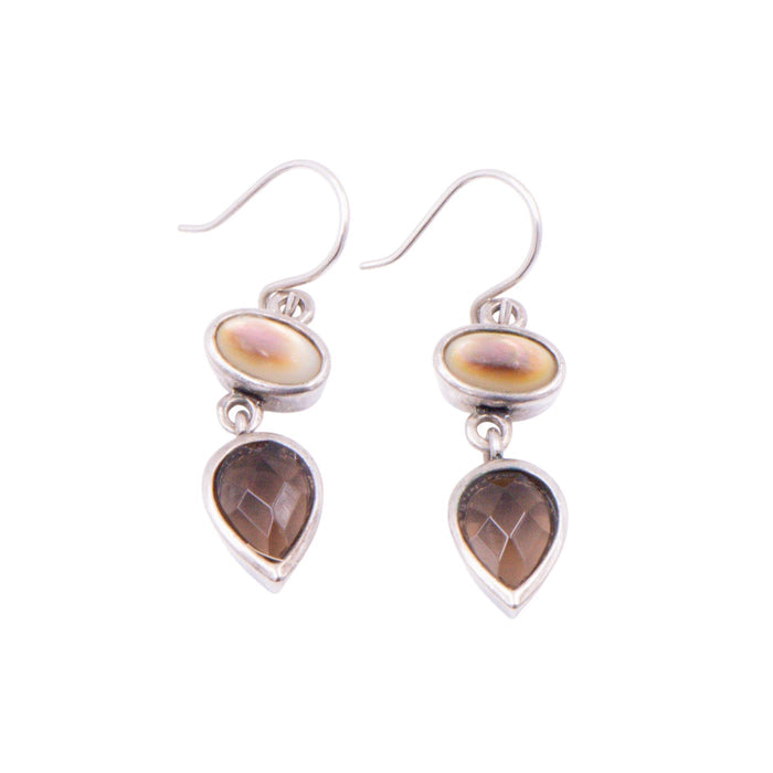 Sterling Silver Smoky Quartz Mother Of Pearl 1.25 Inch Dangle Earrings