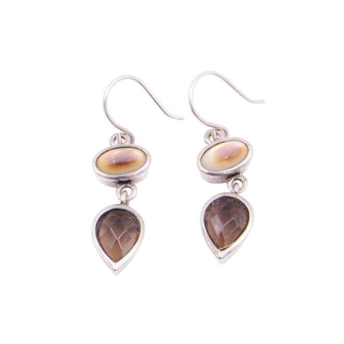 Sterling Silver Smoky Quartz Mother Of Pearl 1.25 Inch Dangle Earrings