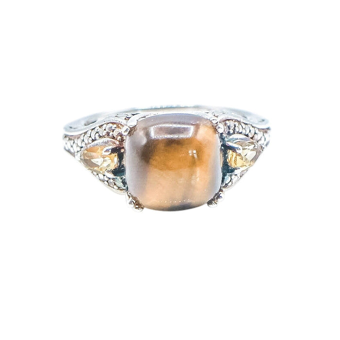 Sterling Silver Tiger's Eye Citrine Three Stone Ring Size 7 Statement Ring