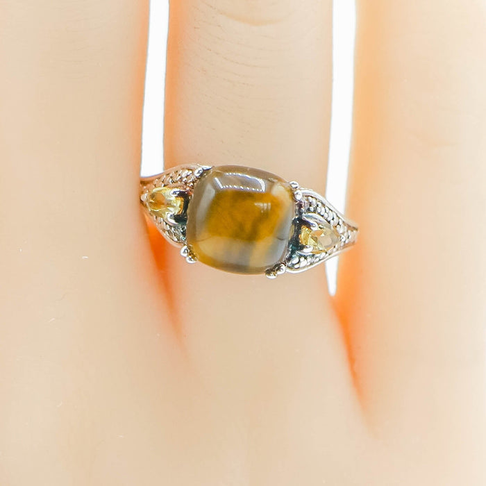 Sterling Silver Tiger's Eye Citrine Three Stone Ring Size 7 Statement Ring