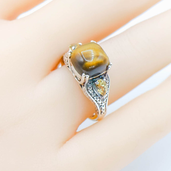 Sterling Silver Tiger's Eye Citrine Three Stone Ring Size 7 Statement Ring