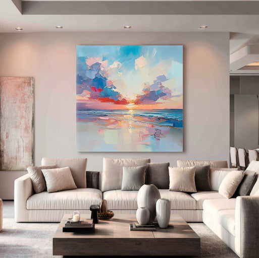 Sunset Kiss framed seascape canvas print styled in a warm modern room