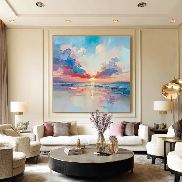 Sunset Kiss textured painting with glowing sky and water movement