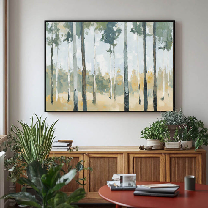 Abstract Forest Landscape Painting - Green and Beige Tree Canvas Art - The Birchwood Path - Hues Art Lab