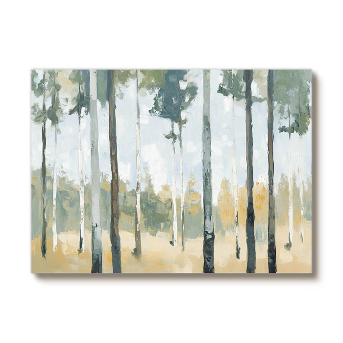 Abstract Forest Landscape Painting - Green and Beige Tree Canvas Art - The Birchwood Path - Hues Art Lab