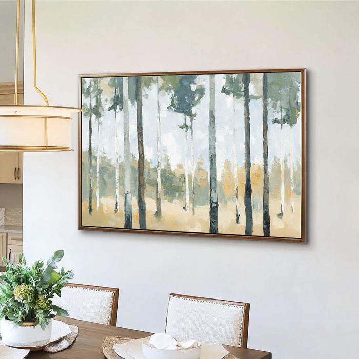 Abstract Forest Landscape Painting - Green and Beige Tree Canvas Art - The Birchwood Path - Hues Art Lab