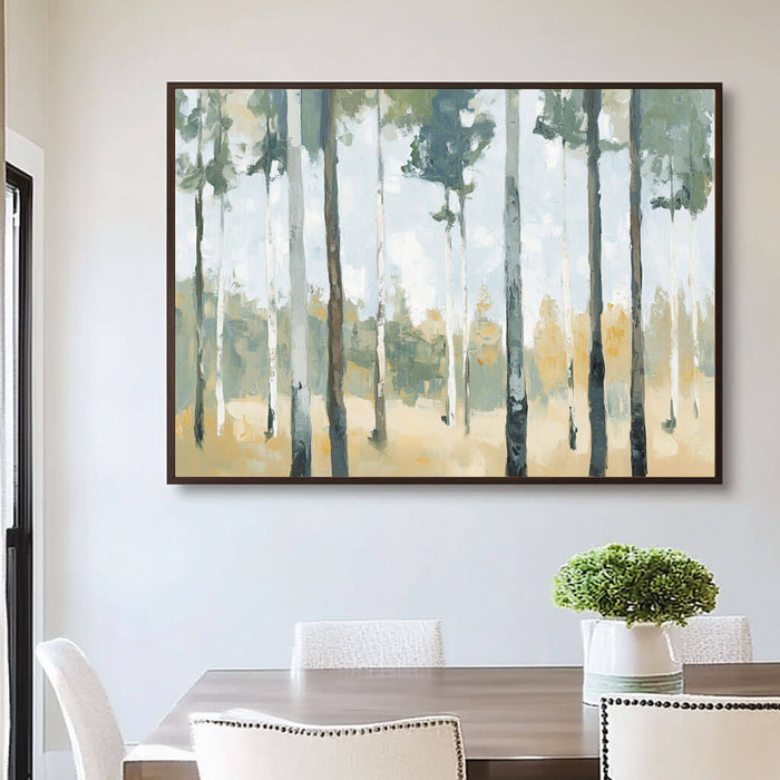 Abstract Forest Landscape Painting - Green and Beige Tree Canvas Art - The Birchwood Path - Hues Art Lab