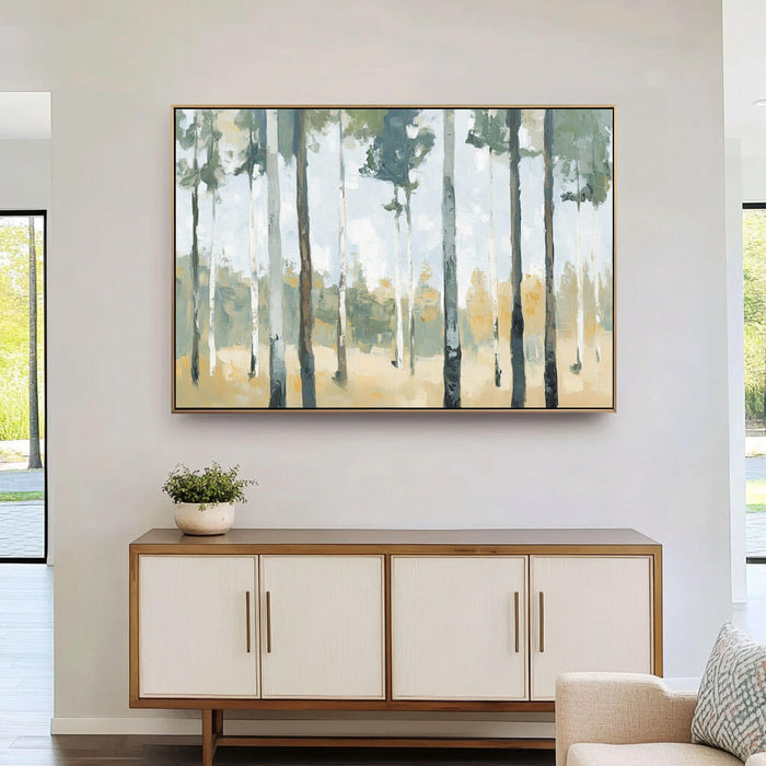 Abstract Forest Landscape Painting - Green and Beige Tree Canvas Art - The Birchwood Path - Hues Art Lab