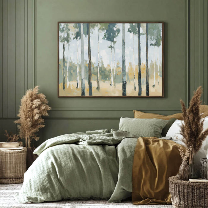 Abstract Forest Landscape Painting - Green and Beige Tree Canvas Art - The Birchwood Path - Hues Art Lab