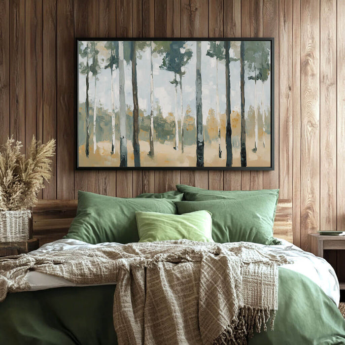 Abstract Forest Landscape Painting - Green and Beige Tree Canvas Art - The Birchwood Path - Hues Art Lab