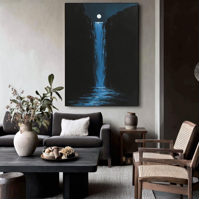 The Moonlit Pool I modern deep blue waterfall oil painting by Hues Art Lab