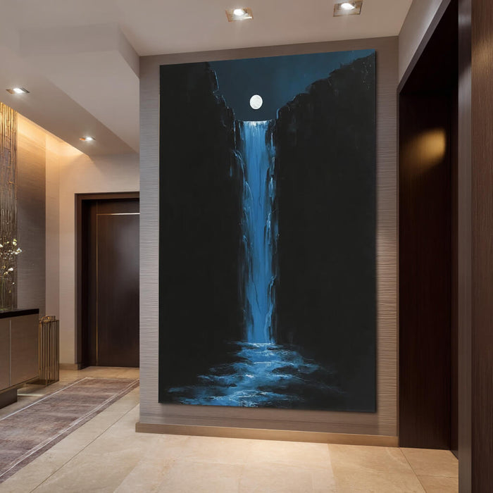 The Moonlit Pool I glowing blue cascade painting with dark cliff backdrop