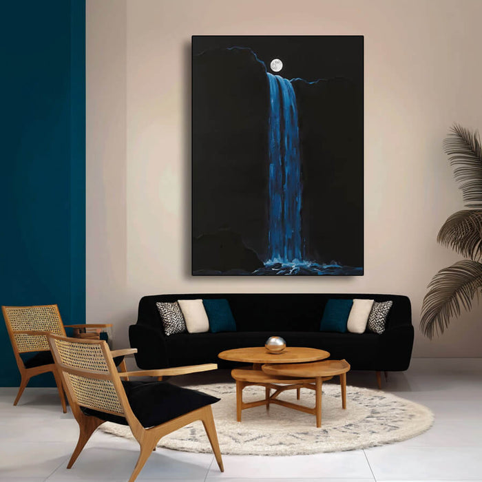 The Moonlit Pool II modern deep blue waterfall oil painting by Hues Art Lab