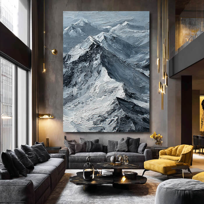 The Peak of Silence large modern impasto snow mountain oil painting by Hues Art Lab