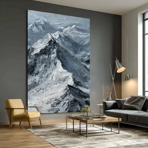 The Peak of Silence close-up of thick paint texture and snowy summit