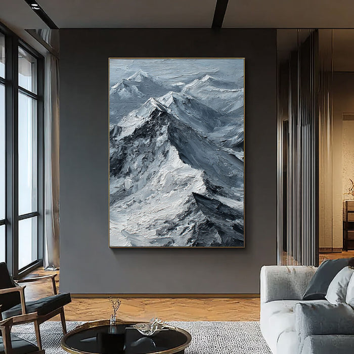The Peak of Silence framed mountain canvas print styled in a serene room