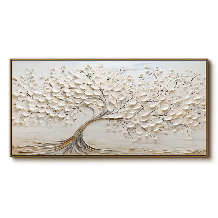 3D Hand-Painted Abstract Tree Art on Canvas in Off-White - Large Wall Art for Modern Living Room - The Tree Horizontal - Hues Art Lab