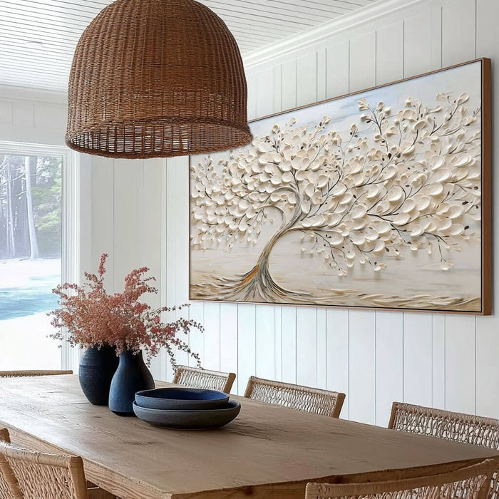 3D Hand-Painted Abstract Tree Art on Canvas in Off-White - Large Wall Art for Modern Living Room - The Tree Horizontal - Hues Art Lab