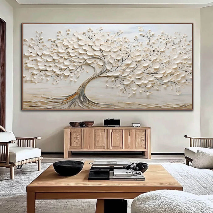 3D Hand-Painted Abstract Tree Art on Canvas in Off-White - Large Wall Art for Modern Living Room - The Tree Horizontal - Hues Art Lab