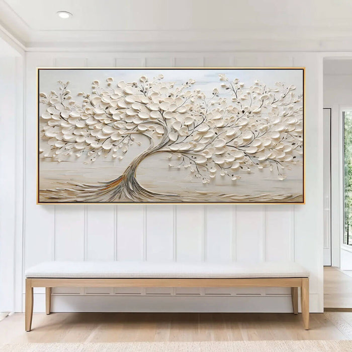 3D Hand-Painted Abstract Tree Art on Canvas in Off-White - Large Wall Art for Modern Living Room - The Tree Horizontal - Hues Art Lab