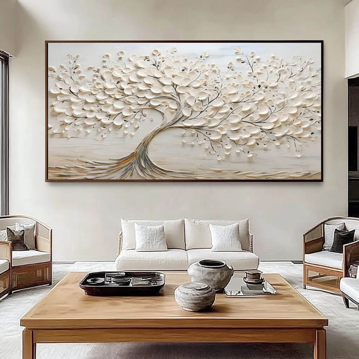 3D Hand-Painted Abstract Tree Art on Canvas in Off-White - Large Wall Art for Modern Living Room - The Tree Horizontal - Hues Art Lab
