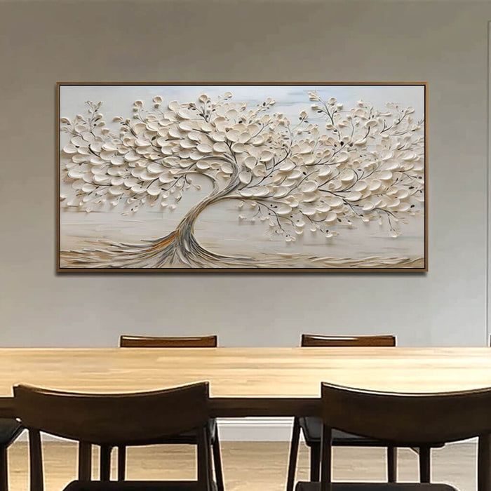 3D Hand-Painted Abstract Tree Art on Canvas in Off-White - Large Wall Art for Modern Living Room - The Tree Horizontal - Hues Art Lab