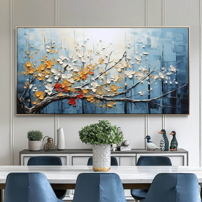 Textured Blooming Tree Art - Hand-Painted Horizontal Floral Canvas - The Turning Season - Hues Art Lab