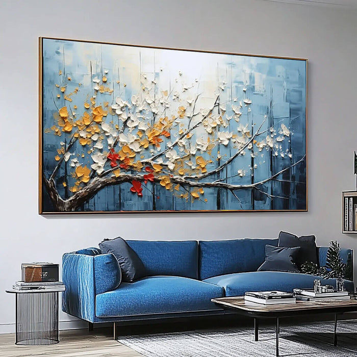 Textured Blooming Tree Art - Hand-Painted Horizontal Floral Canvas - The Turning Season - Hues Art Lab