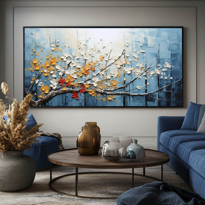 Textured Blooming Tree Art - Hand-Painted Horizontal Floral Canvas - The Turning Season - Hues Art Lab