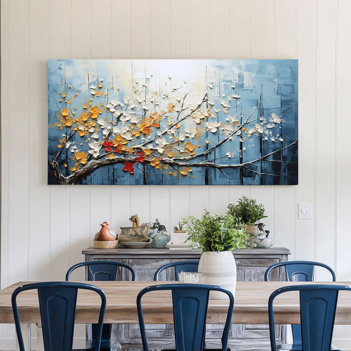 Textured Blooming Tree Art - Hand-Painted Horizontal Floral Canvas - The Turning Season - Hues Art Lab