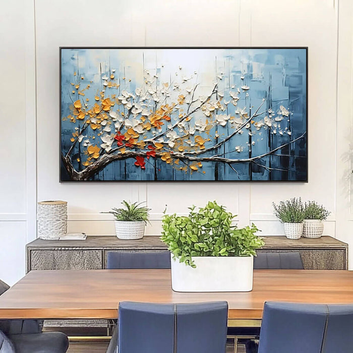 Textured Blooming Tree Art - Hand-Painted Horizontal Floral Canvas - The Turning Season - Hues Art Lab