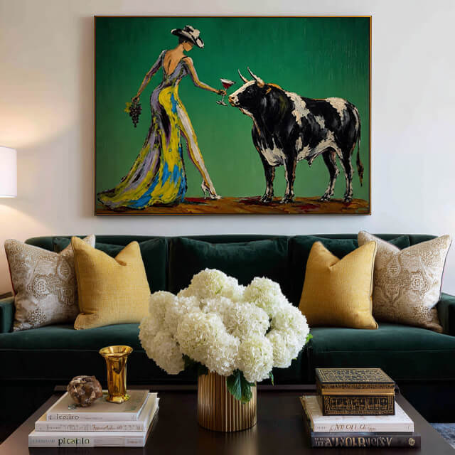 Modern cowgirl wall art with wine and abstract western figure - The Wine Vow - Hues Art Lab
