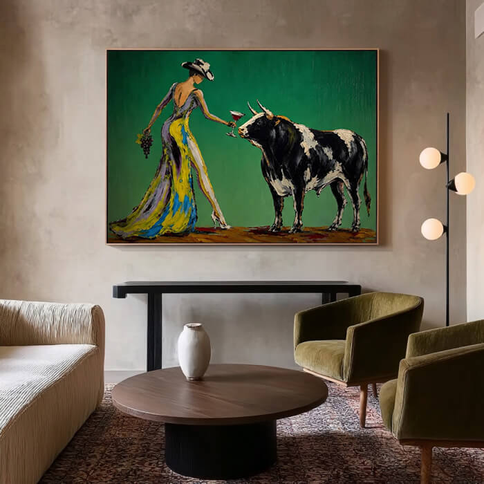 Modern cowgirl wall art with wine and abstract western figure - The Wine Vow - Hues Art Lab