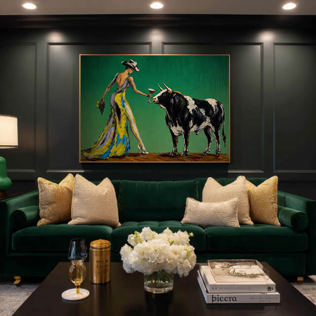 Modern cowgirl wall art with wine and abstract western figure - The Wine Vow - Hues Art Lab