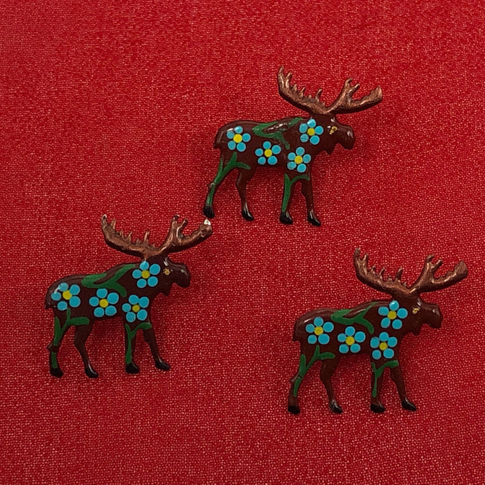 Three Little Moose Pins With Blue Flowers