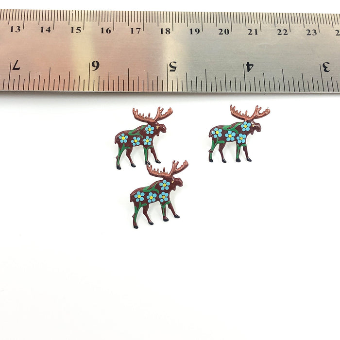 Three Little Moose Pins With Blue Flowers