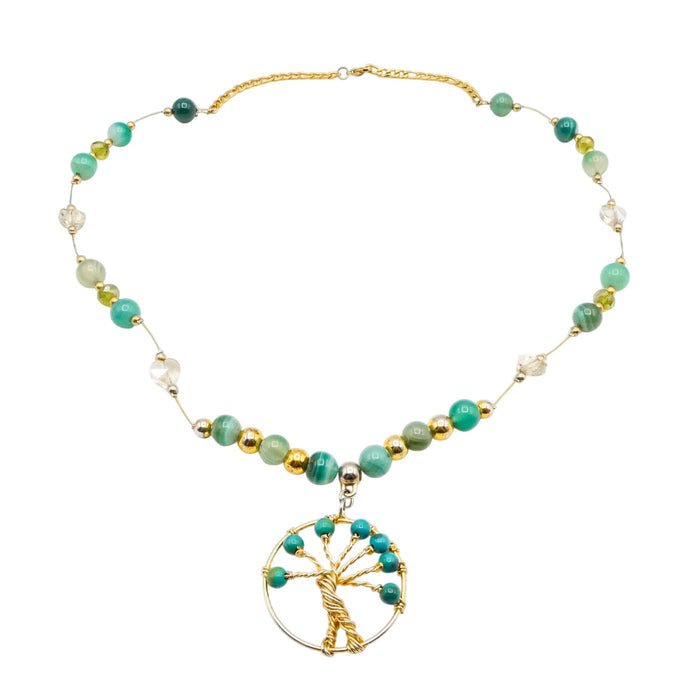 Tree of Life Necklace with Nephrite Jade and Green Agate - 24 Inches
